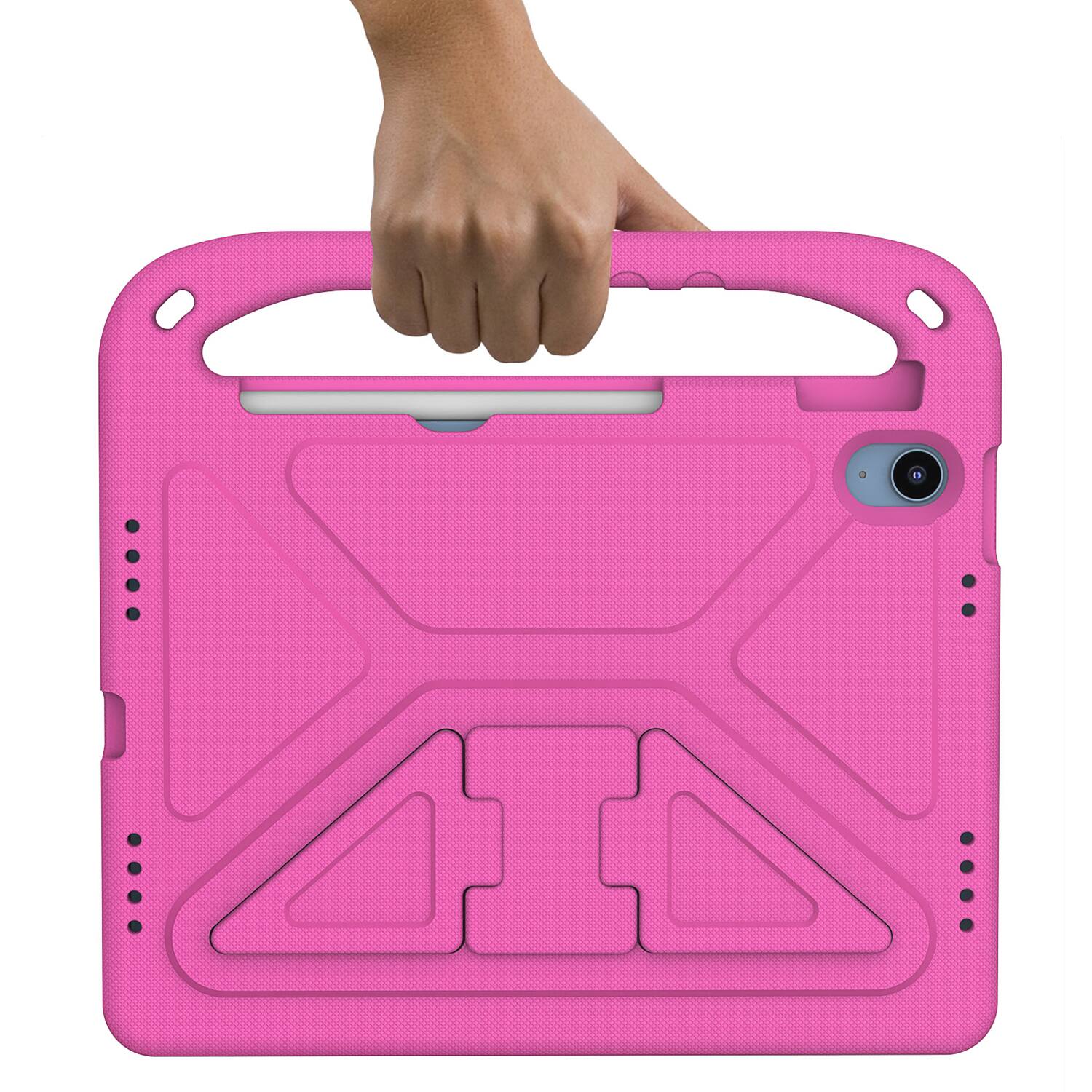 The image shows a pink tablet case with a textured design and a handle at the top. A hand is holding the handle.