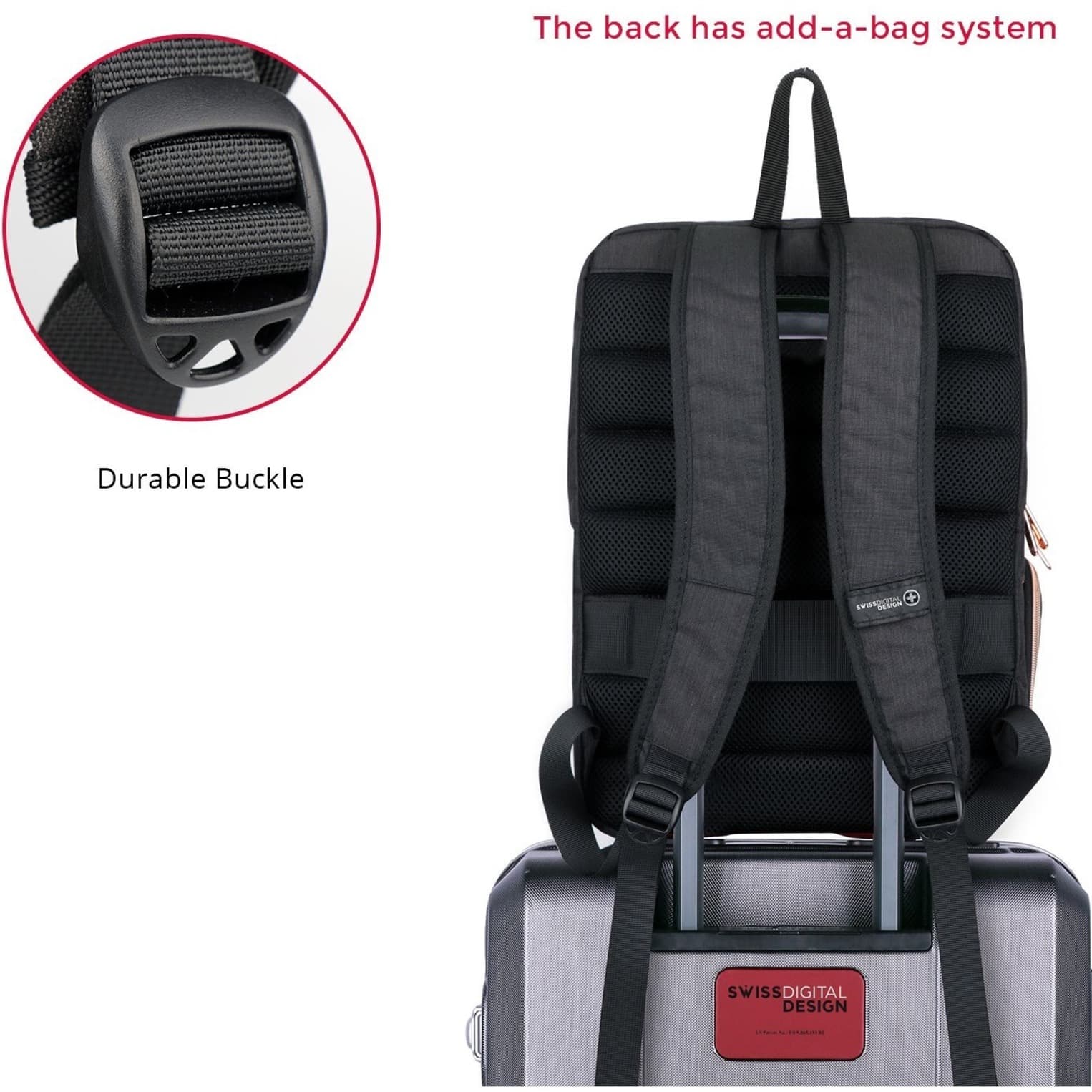 The back has an add-a-bag system. It is a durable buckle designed by Petrm SWISSDIGITAL DESIGN.