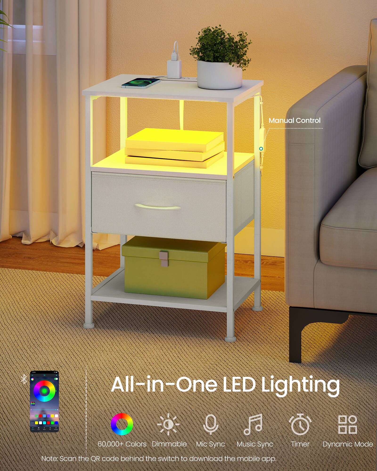 Manual Control

All-in-One LED Lighting

60,000+ Colors Dimmable Mic Sync Music Sync Timer Dynamic Mode

Note: Scan the QR code behind the switch to download the mobile app.