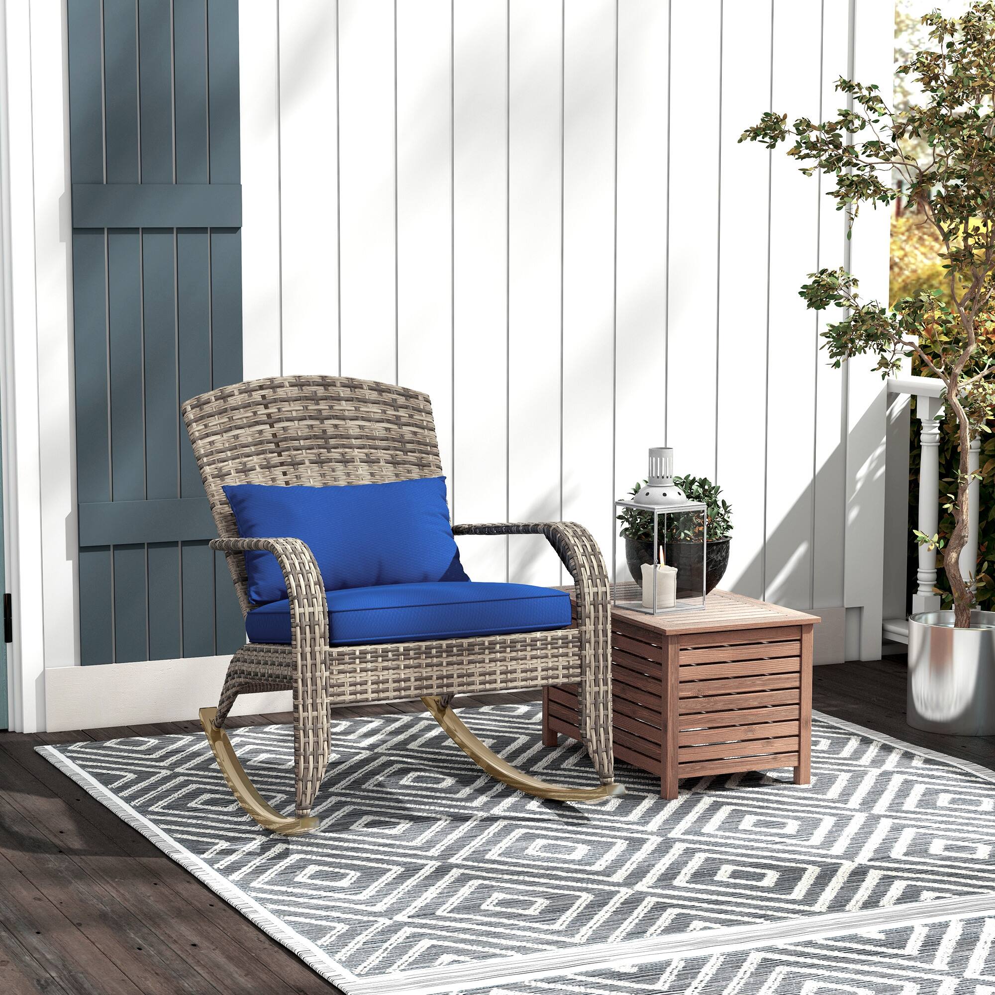 Alt View 1. Outsunny - Outdoor Wicker Adirondack Rocking Chair, Patio Rattan Rocker Chair with High Back, Seat Cushion, and Pillow - Dark Blue.