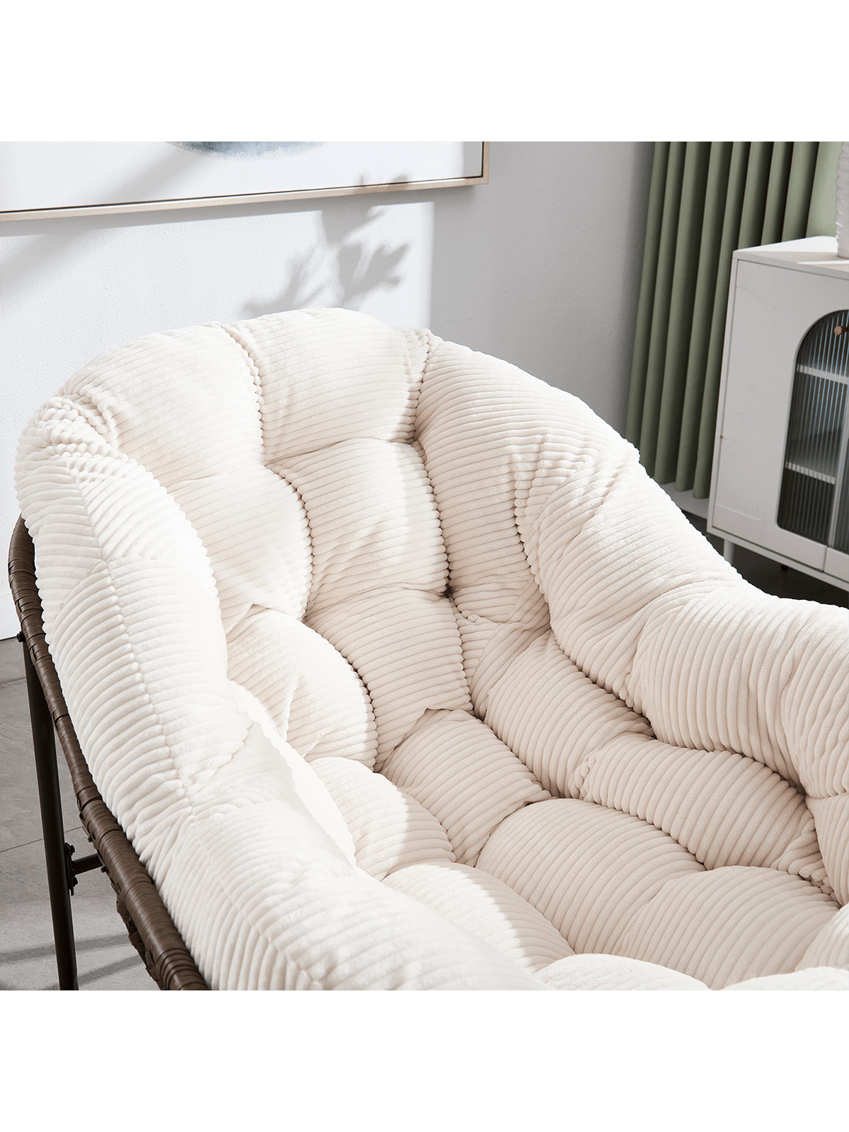 Left. Trinkets Crazed - Outdoor Indoor Rocking Chair With Padded Cushion, Oversized Patio Papasan Rocking Egg Chair - Beige.