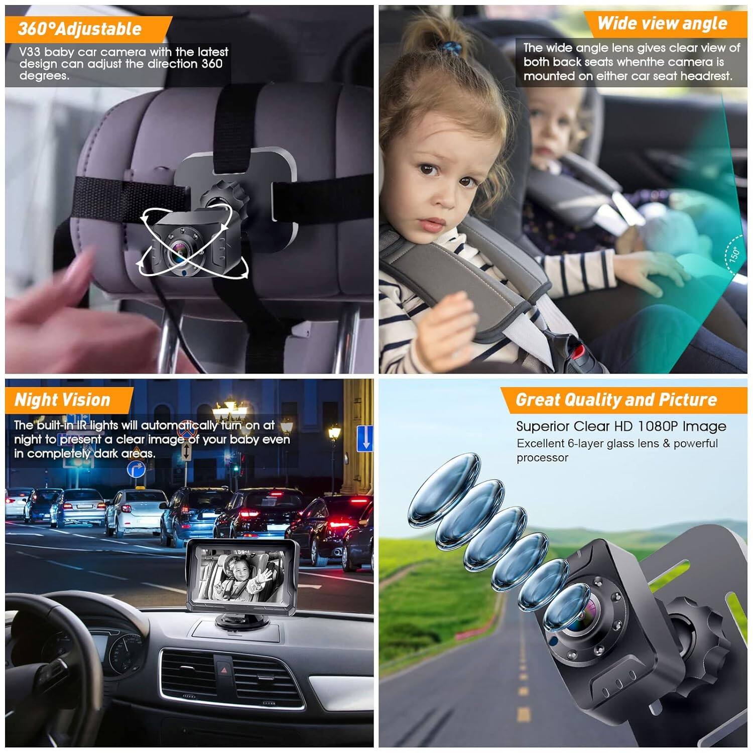 360° Adjustable  
V33 baby car camera with the latest design can adjust the direction 360 degrees.  

Wide view angle  
The wide angle lens gives a clear view of both back seats when the camera is mounted on either car seat headrest.  

Night Vision  
The built-in IR lights will automatically turn on at night to present a clear image of your baby even in completely dark areas.  

Great Quality and Picture  
Superior Clear HD 1080P Image  
Excellent 6-layer glass lens & powerful processor