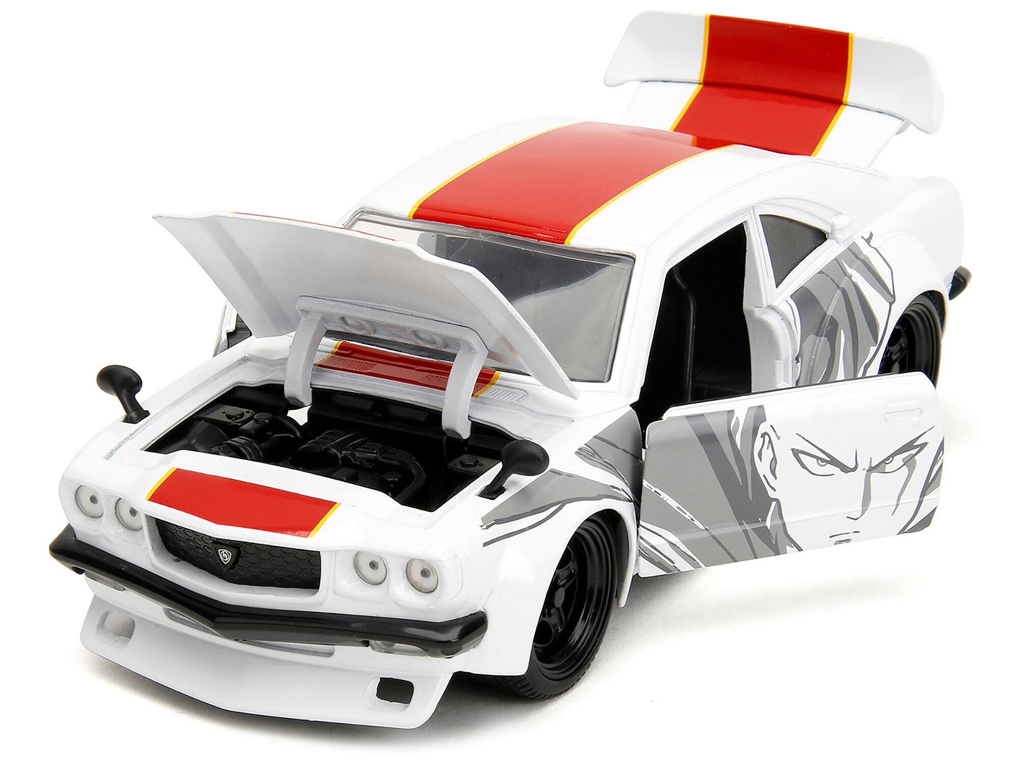 Angle. Jada - 1974 Mazda RX-3 White with Red Stripe and Graphics and Saitama Diecast Figure "One Punch Man" (2015-2019) TV Series 1/24 - White With Red.