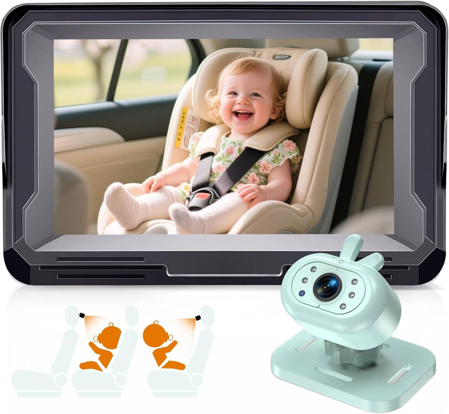Front. PRIMEPLUS - Baby Car Camera 1080P HD Plug-Play Monitor, 4.3" IPS Display, 150° Wide-Angle, Infrared Night Vision, Rabbit Design - Green.