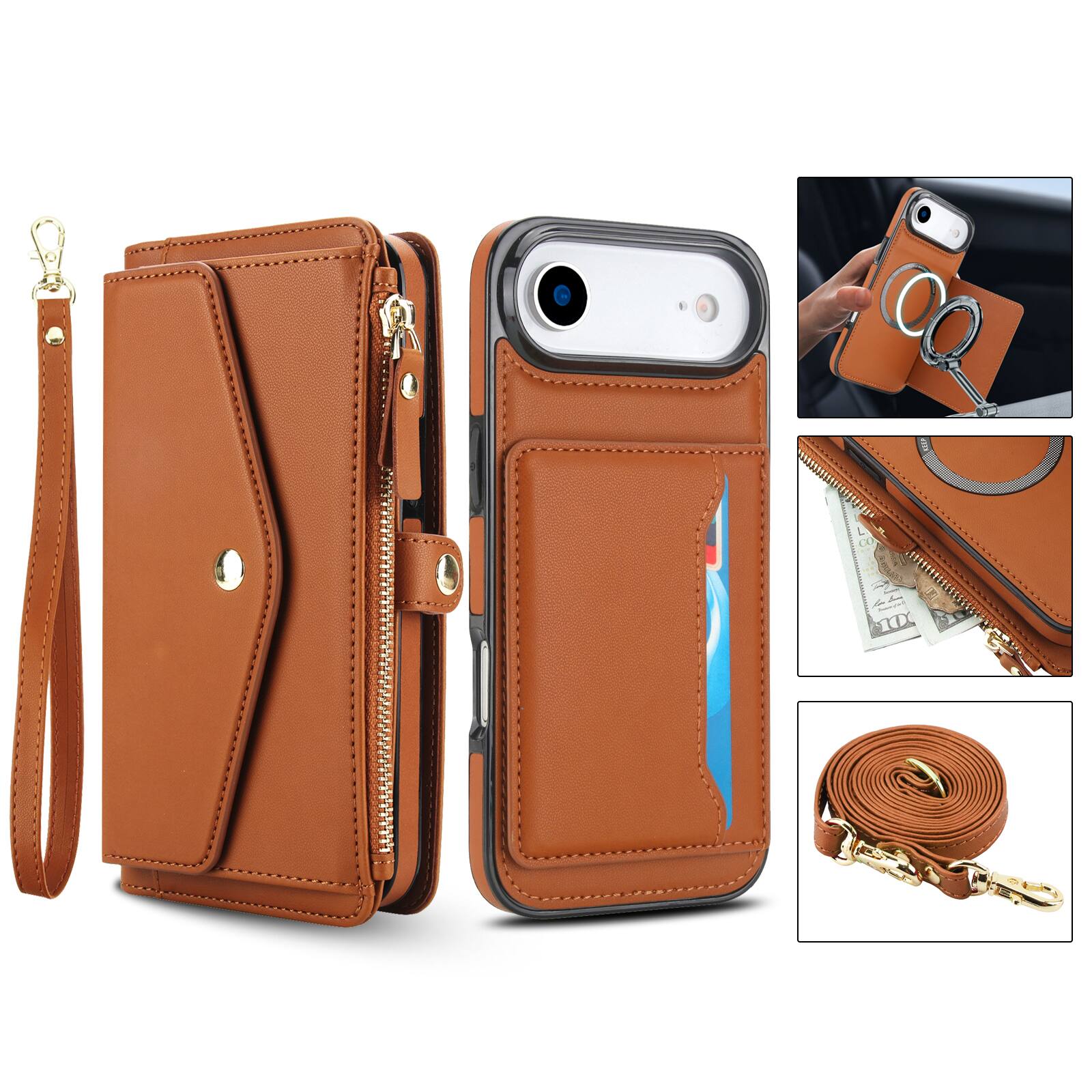 Alt View 5. Dteck - Crossbody RFID Blocking Zipper Wallet Card For iPhone Air (2025) Handbag Magnetic Kickstand Wrist Strap Case - Brown.