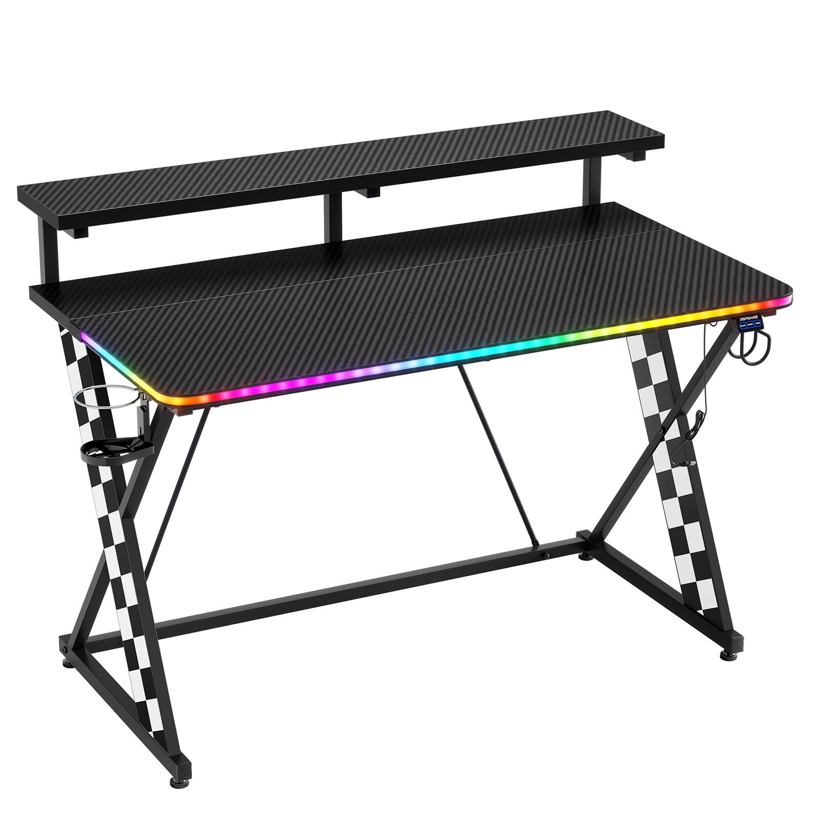Alt View 9. RSPGAME - Basic 43" Music Sync LED Gaming Desk w/ Dynamic Color-Changing & Racing Gear Style,Ergonomic Monitor Stand Computer Desk - Black & White.