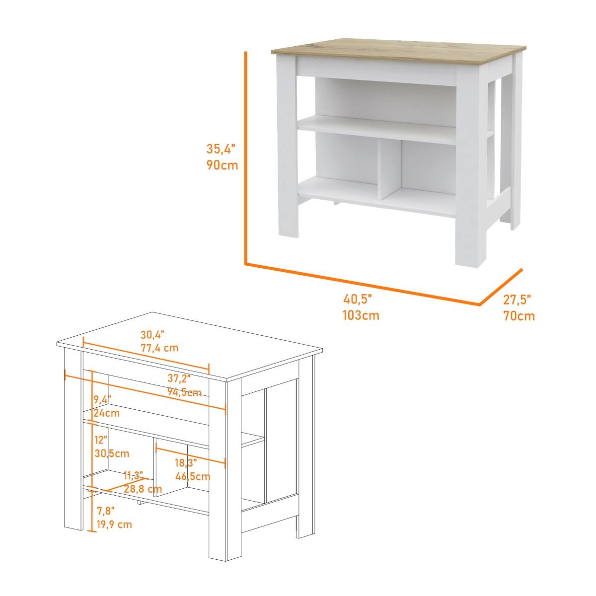 35,4" 90cm  
30,4" 77,4 cm  
40,5" 103cm  
27,5" 70cm  
9,4" 24cm  
37,2" 94,5cm  
12" 30,5cm  
18,3" 46,5cm  
11,3" 28,8 cm  
7,8" 19,9 cm