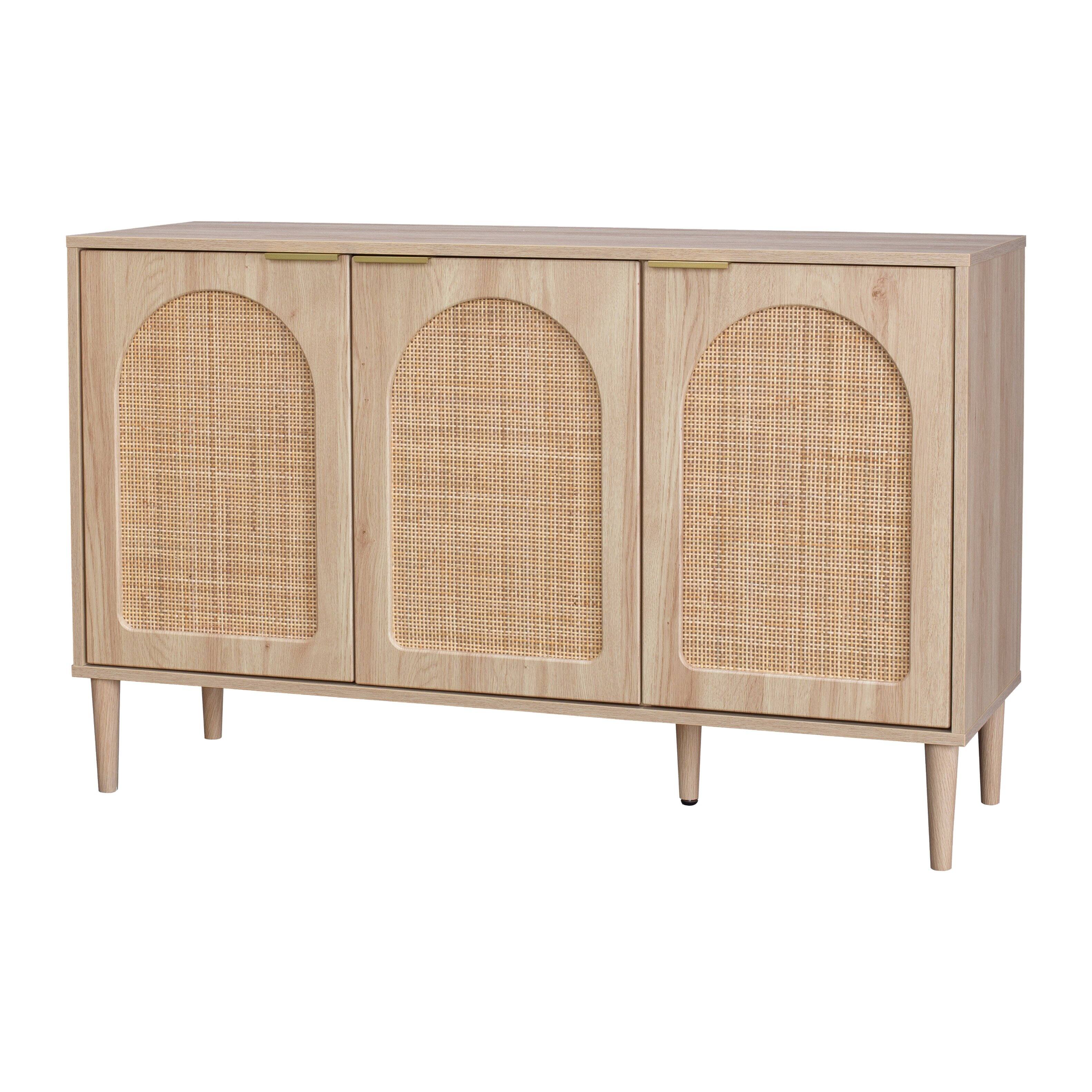 Left. CorLiving - CorLiving Freya Engineered Wood Sideboard with 3 Arched Rattan Doors and 4 Internal Shelves - Light Brown.