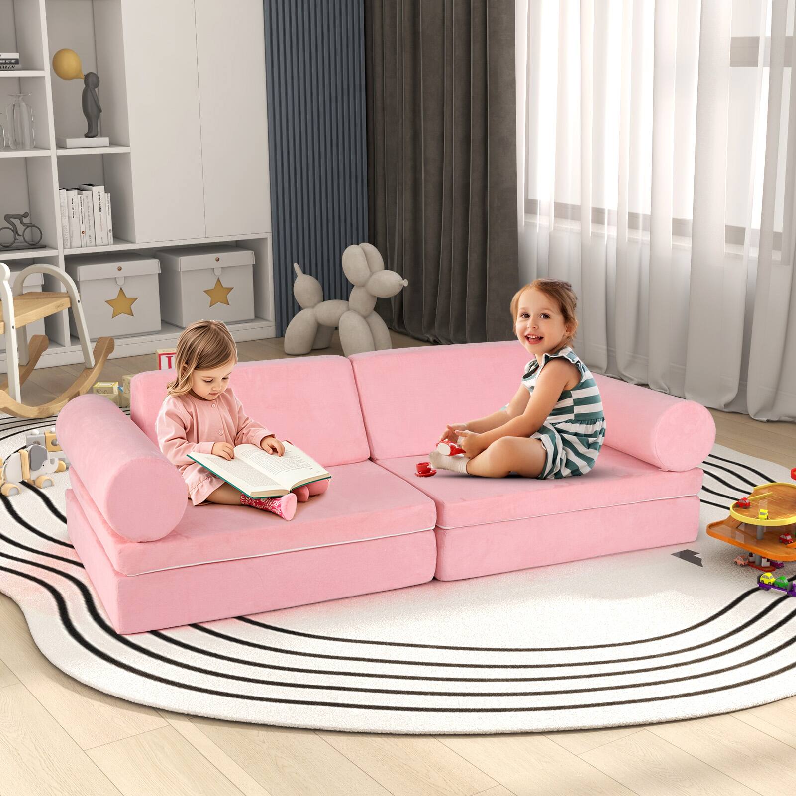 Alt View 1. Gymax - Gymax 8 Pcs Kids Play Couch Convertible Sectional Floor Sofa w/Removable Suede Cover - Pink.