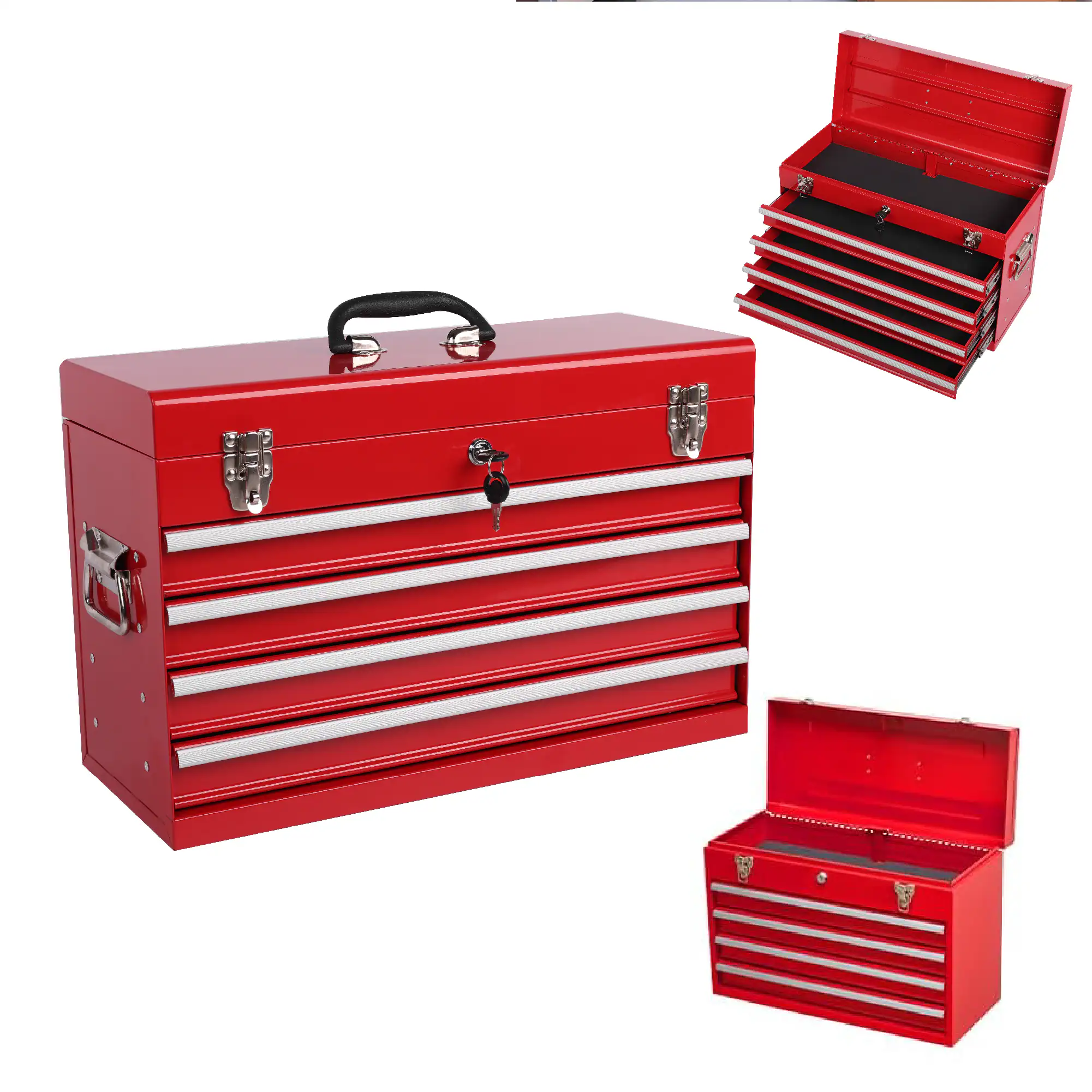 Front. APRILSOUL - Portable Metal Toolbox with Auto Locking System 1 Top Box 4 Drawers - Red.