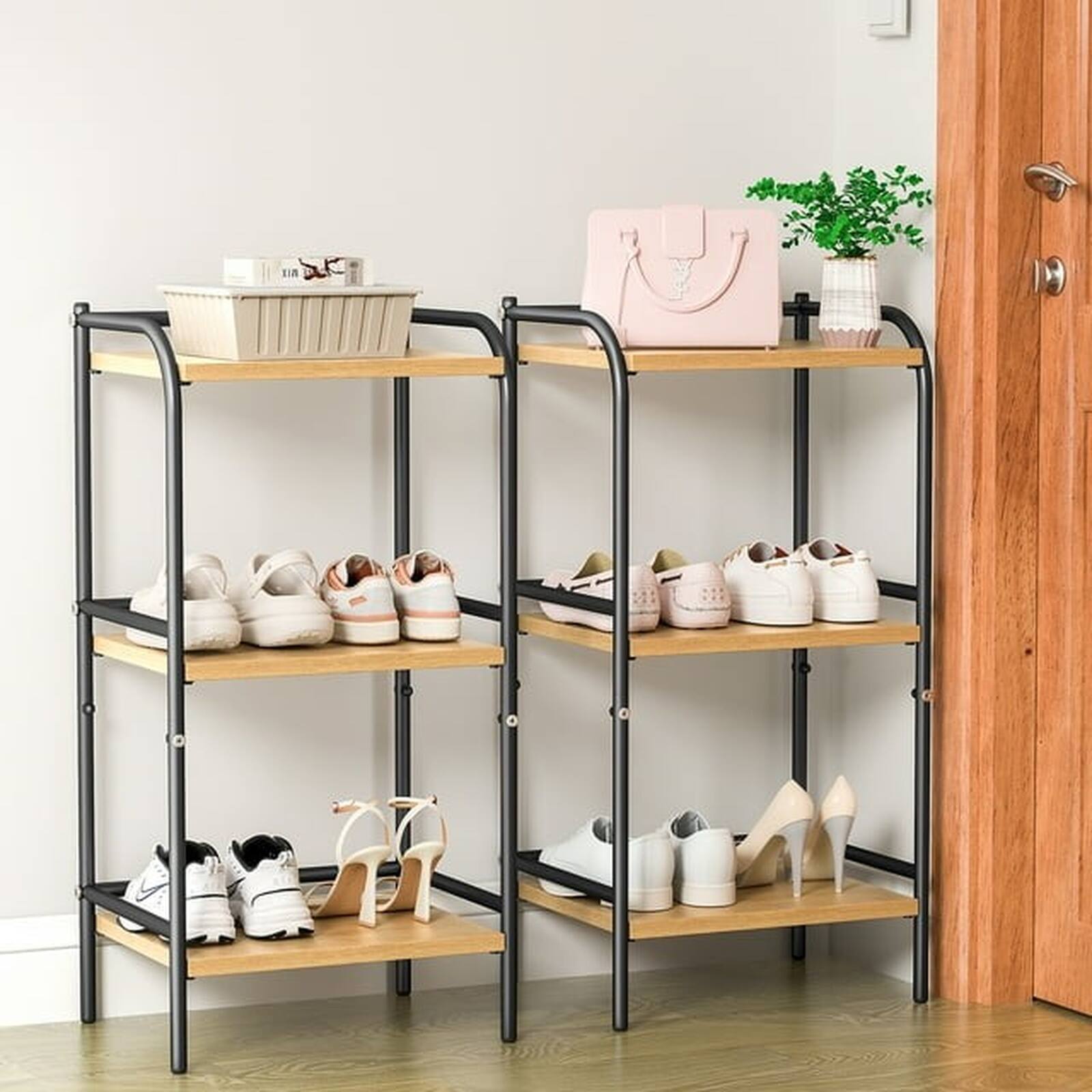 Alt View 3. Sugift - 3-Tier Industrial Bookshelf, Wood and Metal Storage Bookcase for Small Spaces - Beige and black.