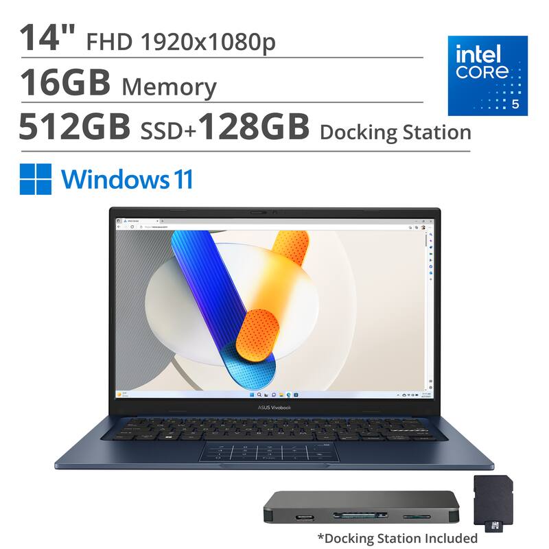 14" FHD 1920x1080p  
Intel Core i5  
16GB Memory  
512GB SSD + 128GB Docking Station  
Windows 11  
*Docking Station Included