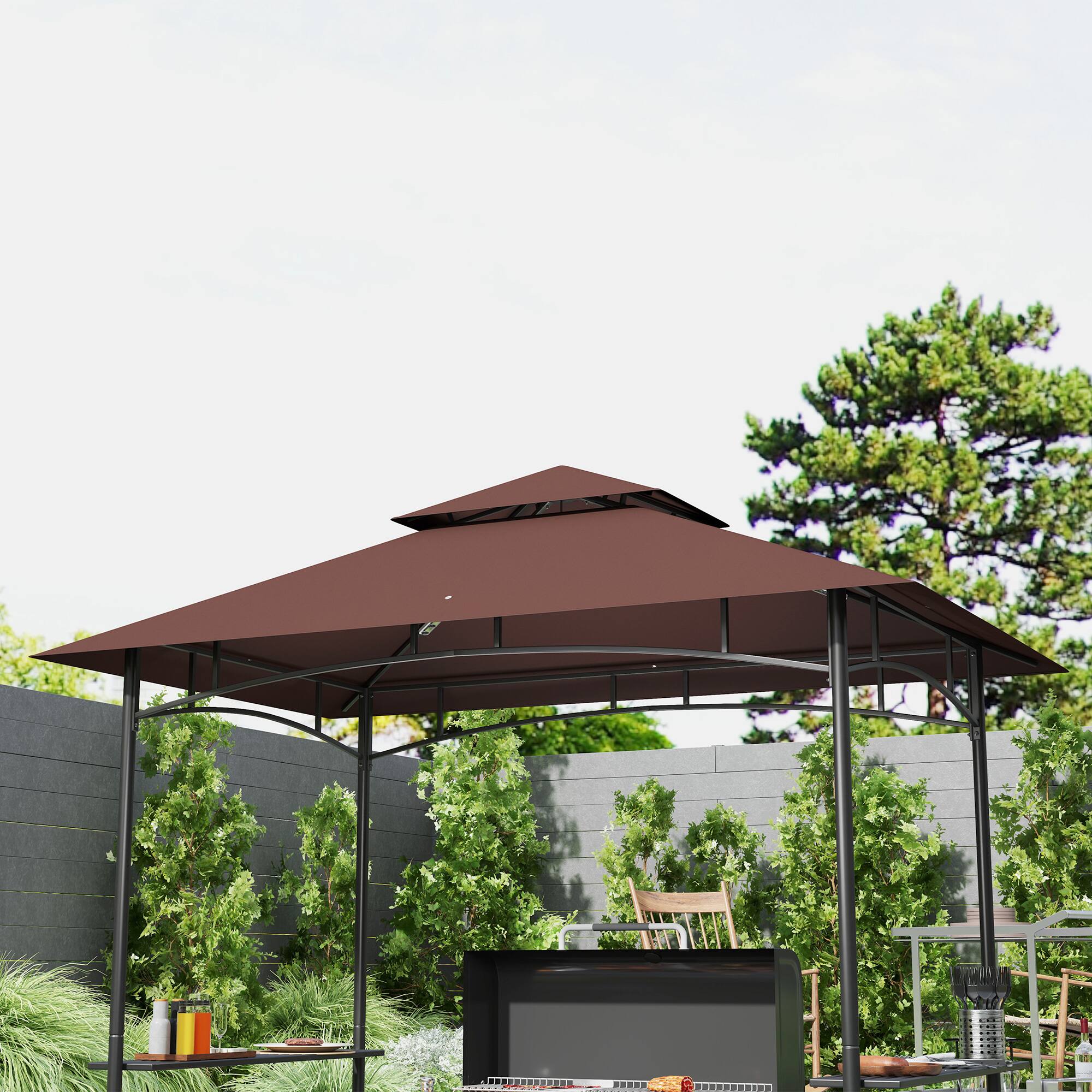 Alt View 7. Outsunny - 8' x 5' Grill Gazebo, 2-Tier Outdoor BBQ Gazebo with Ceiling Hook, 2 Side Shelves and Storage Baskets - Brown.