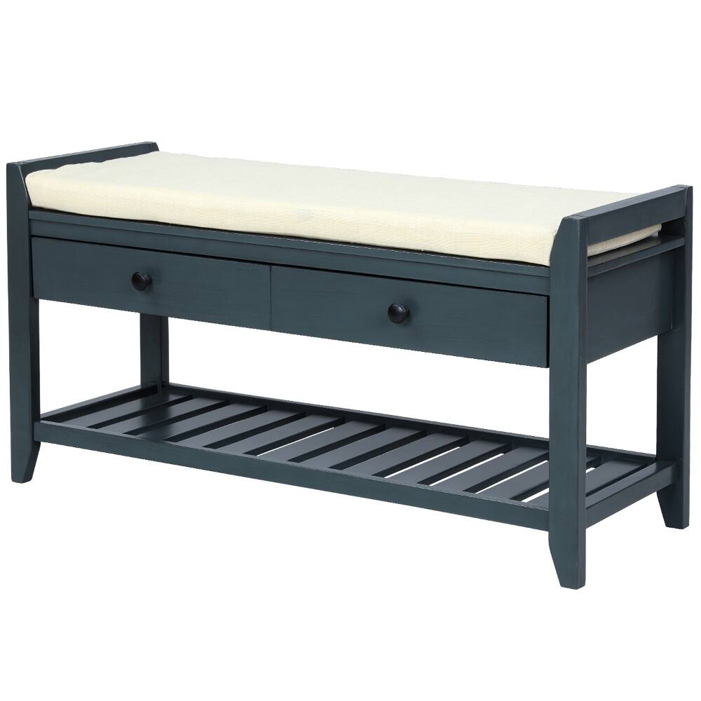 Back. Ropilly - Ropilly Antique Navy Entryway Storage Bench with Shoe Rack and Cushioned Seat, Pine Wood Hallway Bench - Antique Navy.