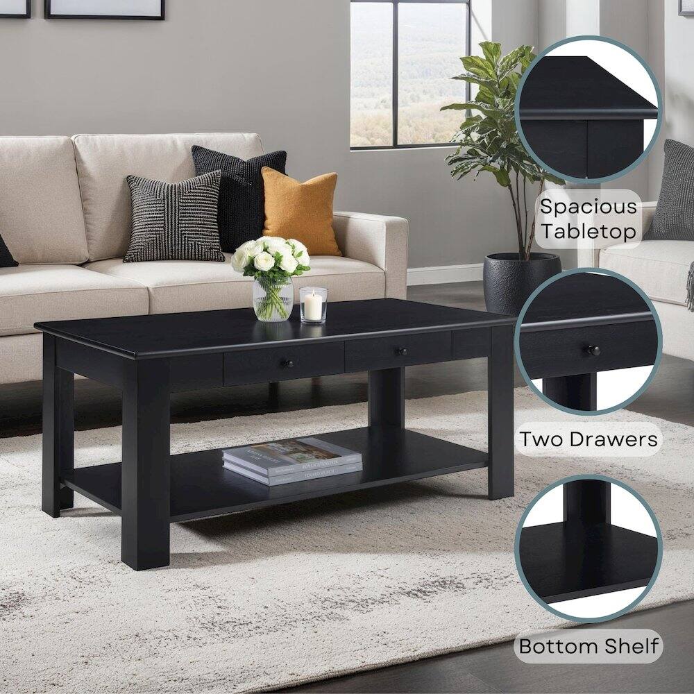 Spacious Tabletop  
Two Drawers  
Bottom Shelf