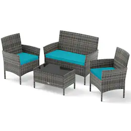 Boyel Living - 4 Pieces Patio Rattan Conversation Set with Tempered Glass Coffee Table 39.5-in L x 32-in W x 22.5-in H - Turquoise