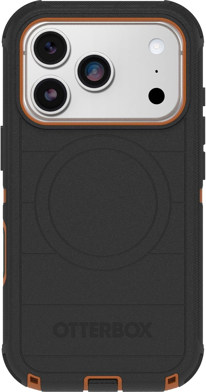 Left. OtterBox - OtterBox - Defender Series Pro Hard Shell for Apple iPhone 17 Pro - Black Chateau (Black & Orange).