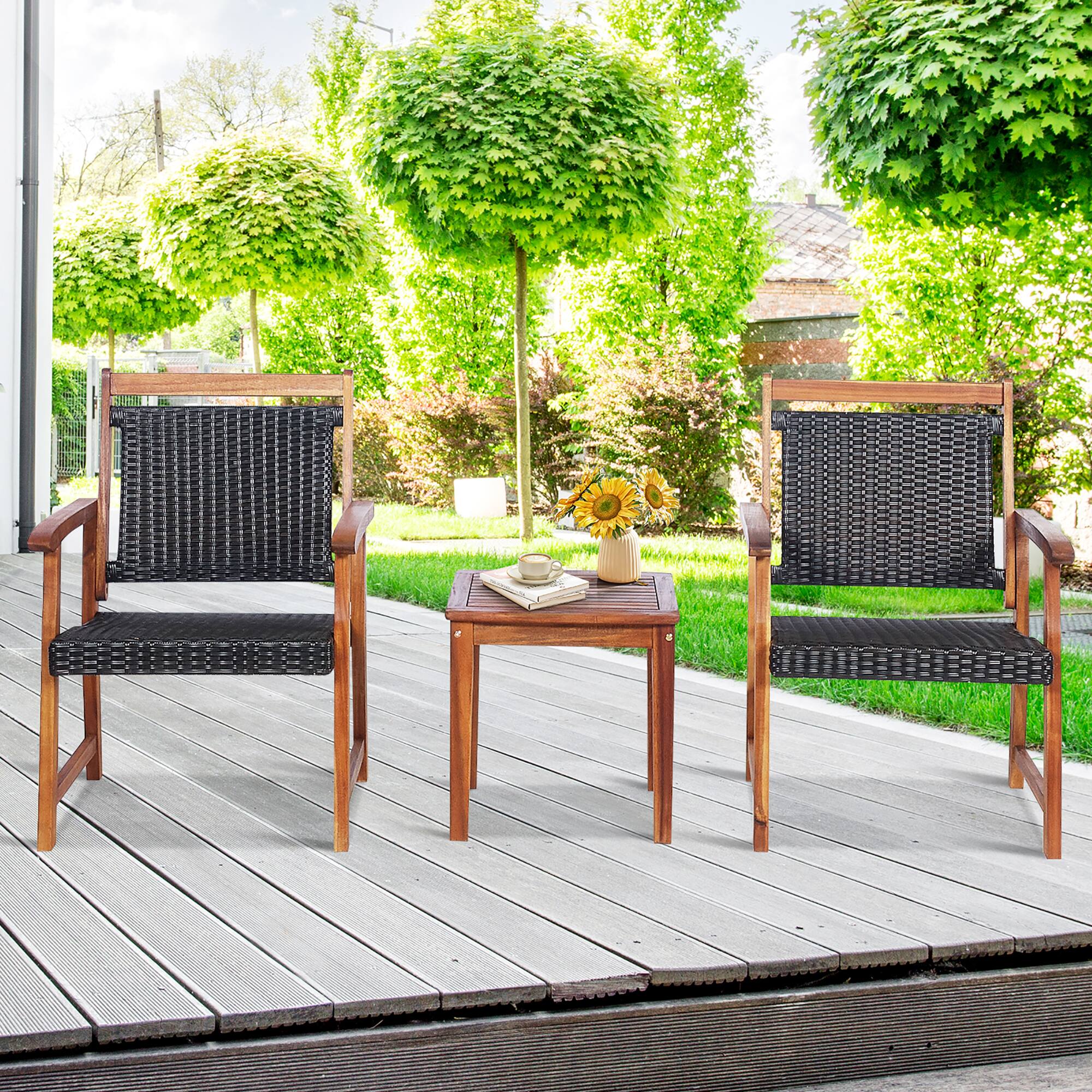 Alt View 2. Costway - Costway 3PCS Patio Rattan Bistro Set Acacia Wood Frame Armrest Chairs Garden - Reddish Brown.