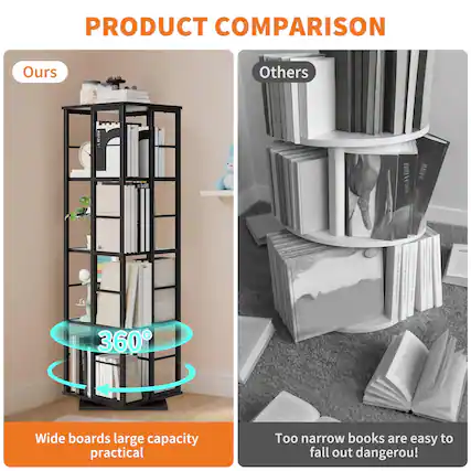 PRODUCT COMPARISON
Ours
360°
Wide boards large capacity practical
Others
Too narrow books are easy to fall out dangerous!
