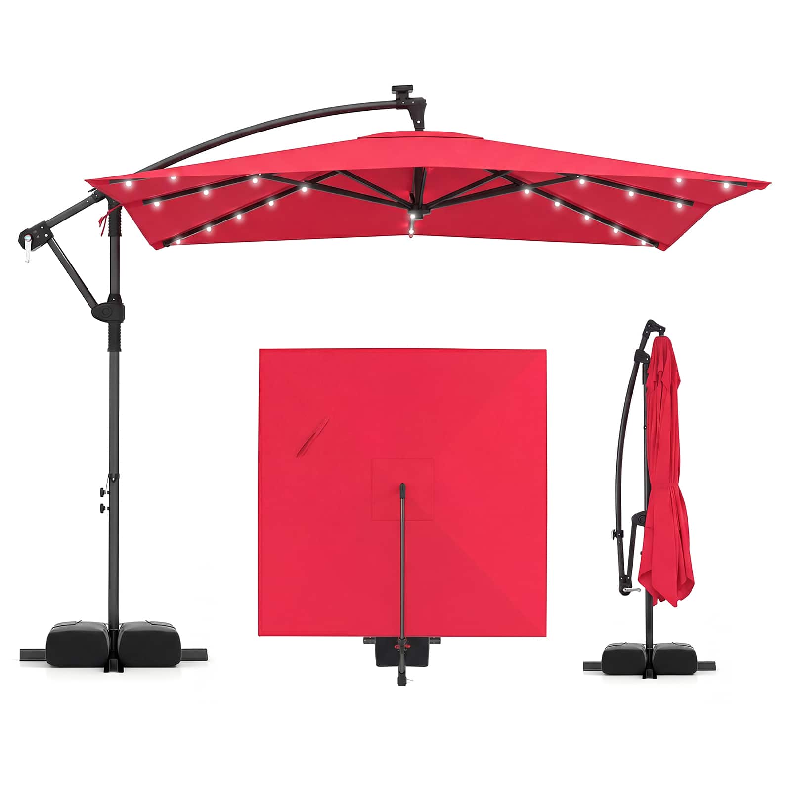 Front. Costway - Costway 8 x 8 FT Solar LED Offset Cantilever Patio Umbrella with 360° Rotation, Crank - Red.