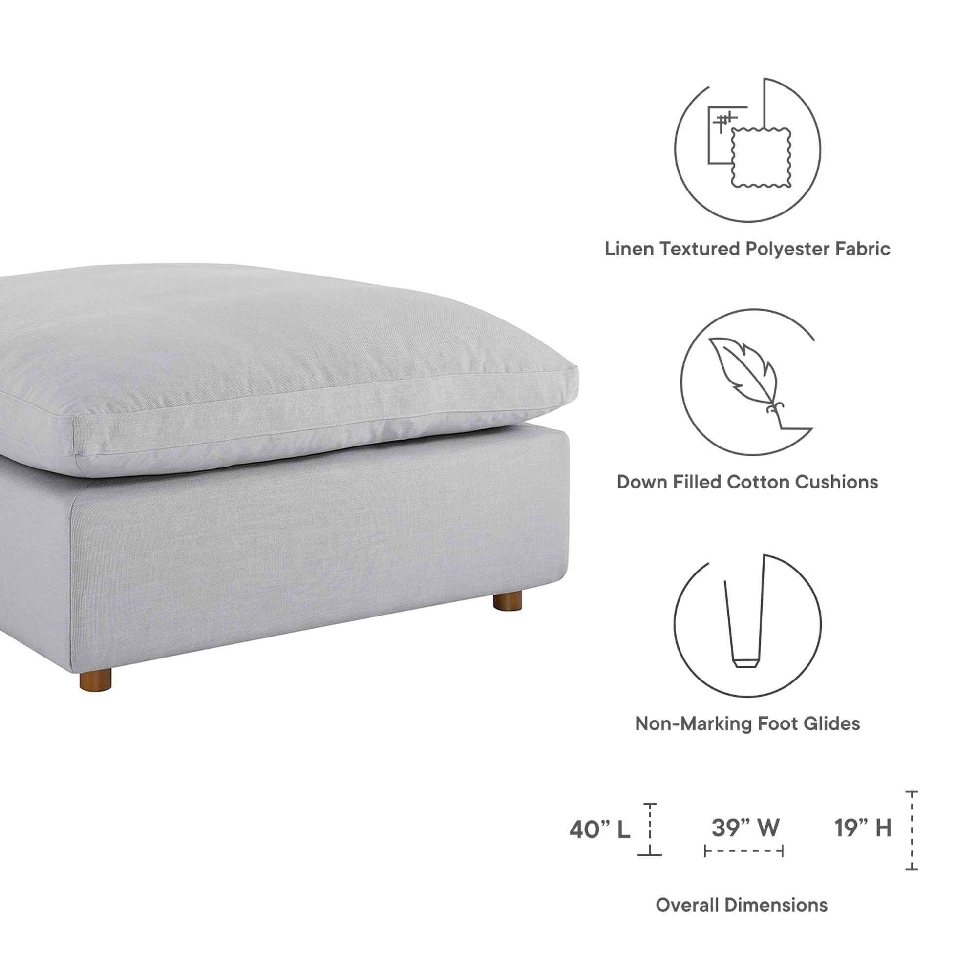Linen Textured Polyester Fabric  
Down Filled Cotton Cushions  
Non-Marking Foot Glides  

40" L x 39" W x 19" H  
Overall Dimensions