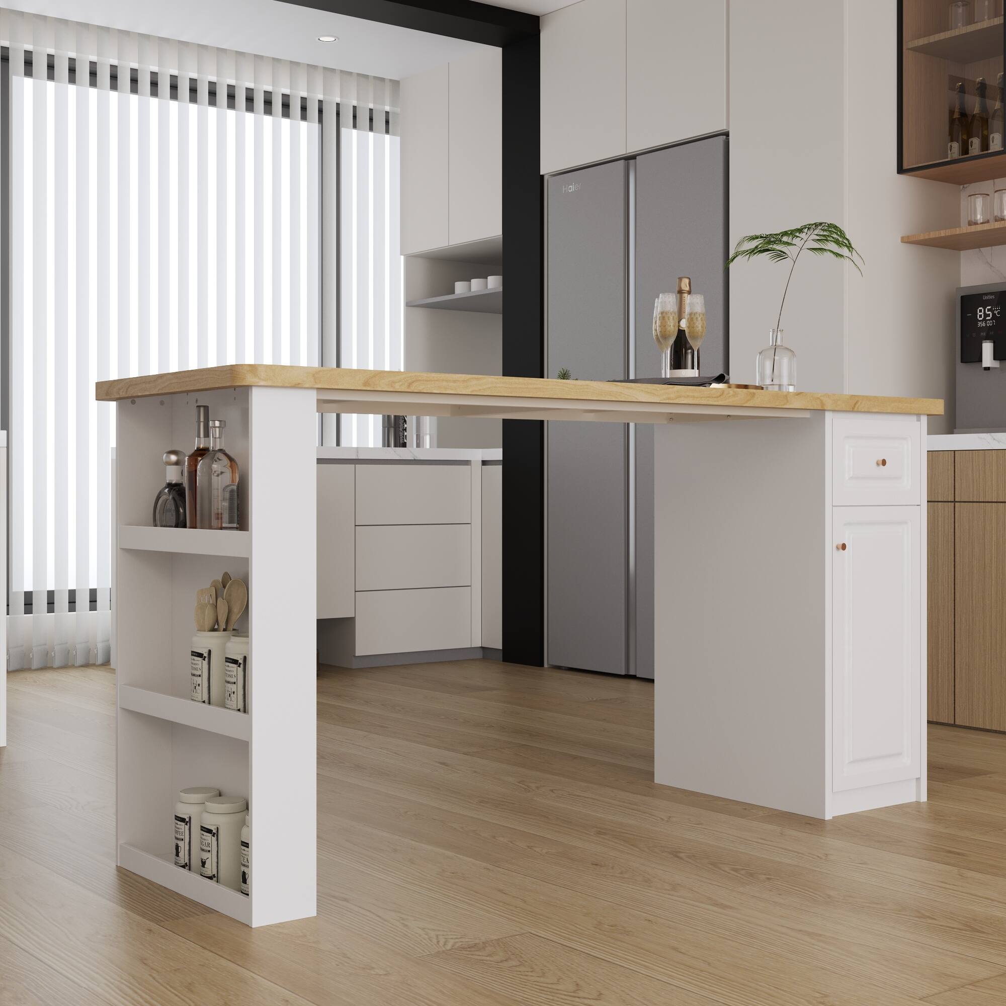 Back. Famapy - Multi-Purpose Storage Table with Drawer and Cabinet, Kitchen Island, Laundry Room Organizer, Dining Utility Table - White & Wooden.