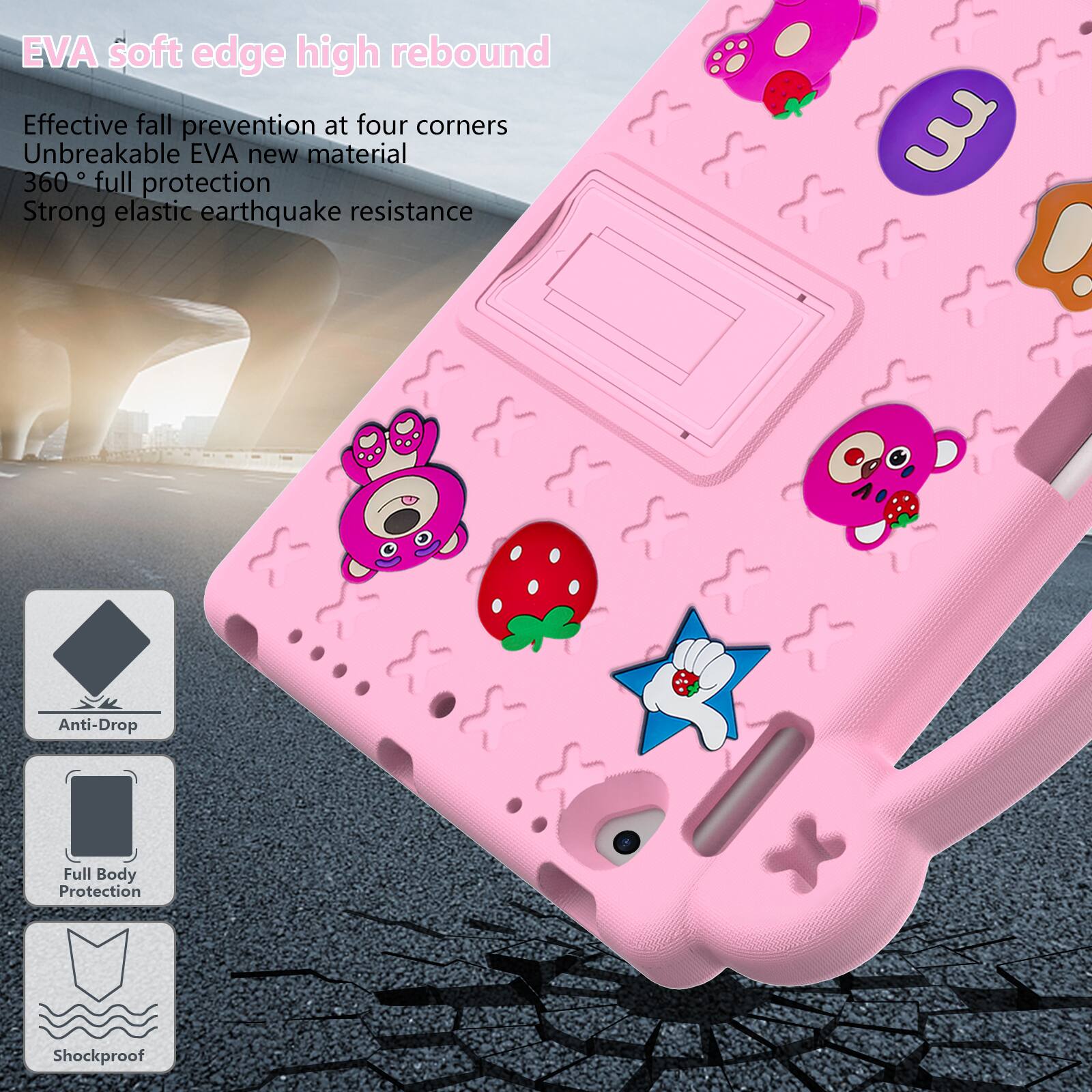 EVA soft edge high rebound  
Effective fall prevention at four corners  
Unbreakable EVA new material  
360° full protection  
Strong elastic earthquake resistance  
Anti-Drop Full Body Protection Shockproof