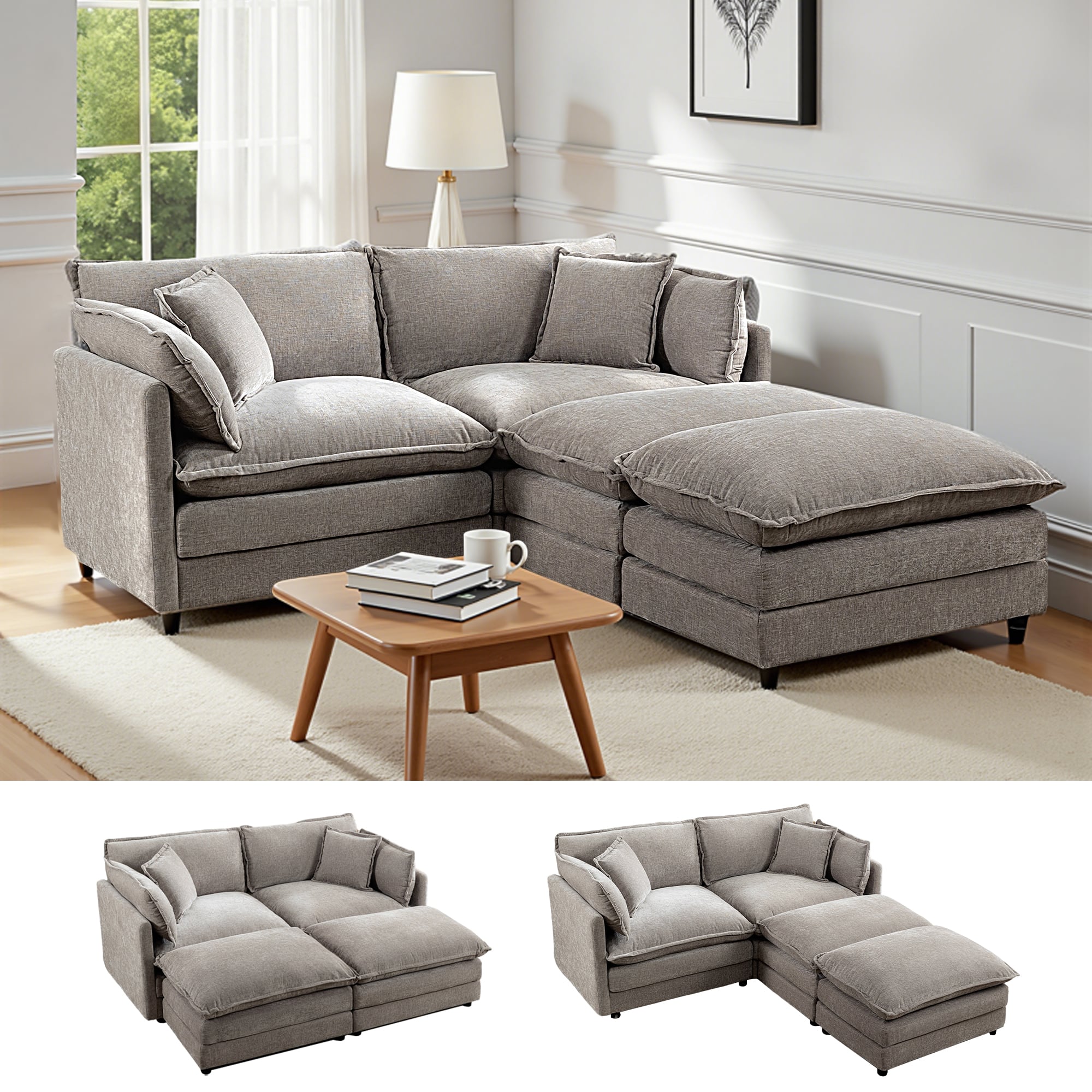 KERDOM - Loveseat Sofa Modular Sectional Sofa Small Couch with 2 Ottomans & Pillows for Small Space Convertible 2 Seater Couch - Gray