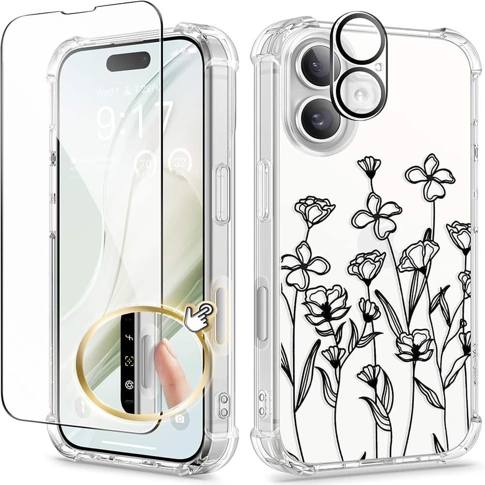 PARKER SLATER - iPhone 16 Case, Screen & Camera Lens Protector, Floral Shockproof Bumper, Slim Soft Cover - Clear