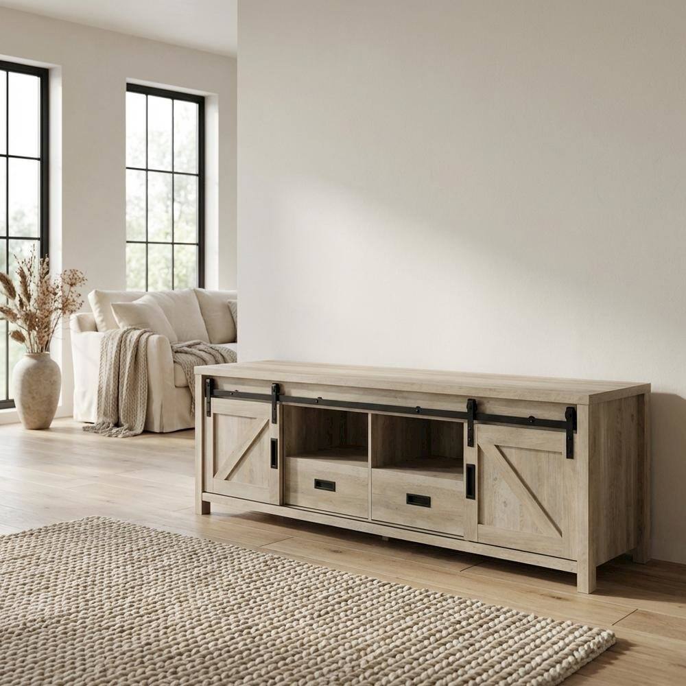 Alt View 2. FurniFact - Brown Wood 2-Door TV Stand with Farmhouse Design and Distressed Finish - Brown.