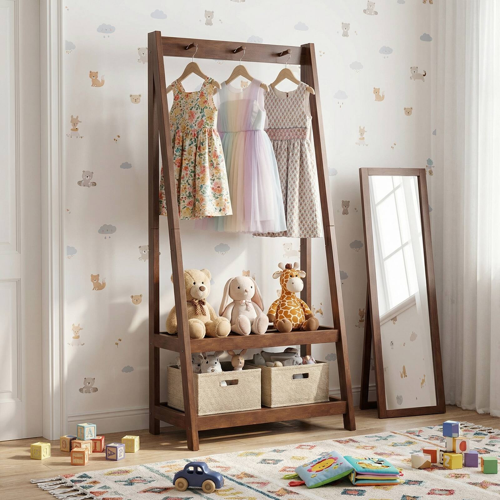 Alt View 1. Gymax - Gymax Rubber Wood Garment Rack w/3 Hooks & 2 Shelves for Entryway Bedroom and Wardrobe - Walnut.