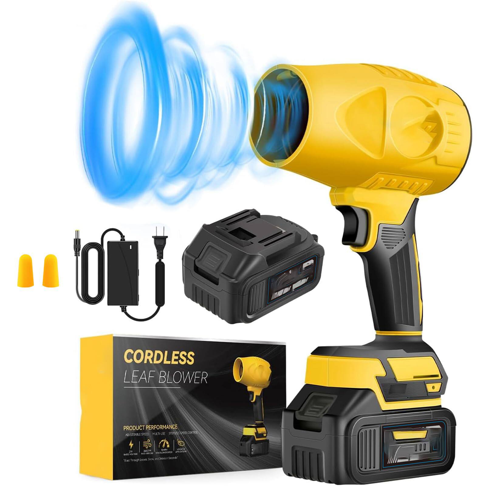 GlowWise - 180K RPM cordless handheld blower, 2 batteries, adjustable speed. Powerful duster for leaves, patios, camping - Yellow