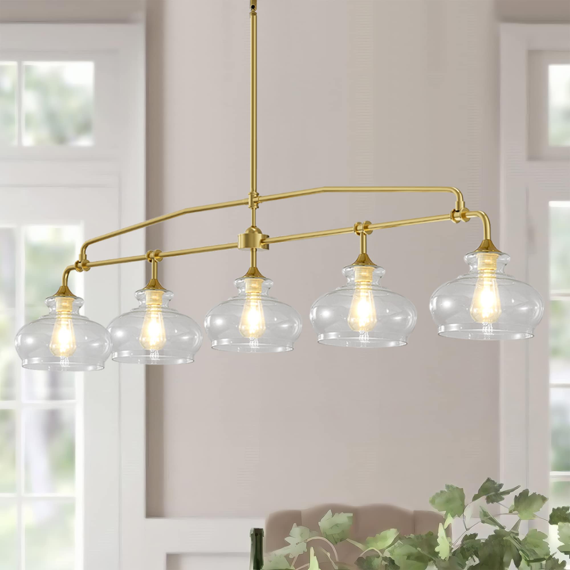 RYHNUYNE - 5-Light Adjustable Kitchen Island Pendant Light with Clear Glass Shades Farmhouse Chandelier for Dining Table - Brass
