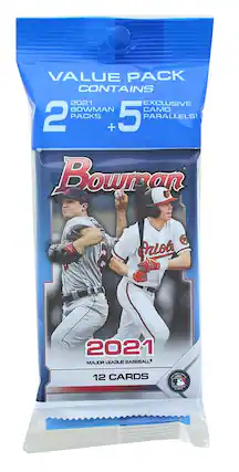 VALUE PACK CONTAINS
2021 BOWMAN CAMO 2 PACKS + 5 EXCLUSIVE CAMO PARALLELS!
Bowman
2021
MAJOR LEAGUE BASEBALL
12 CARDS