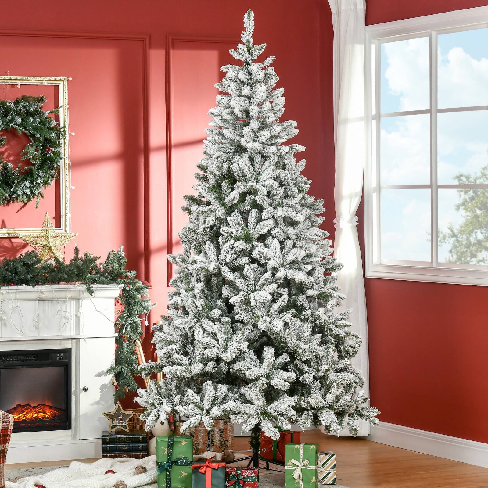 Alt View 7. Ecooso - 7.5' Tall Unlit Snow Flocked Pine Artificial Christmas Tree with Realistic Branches - Green.