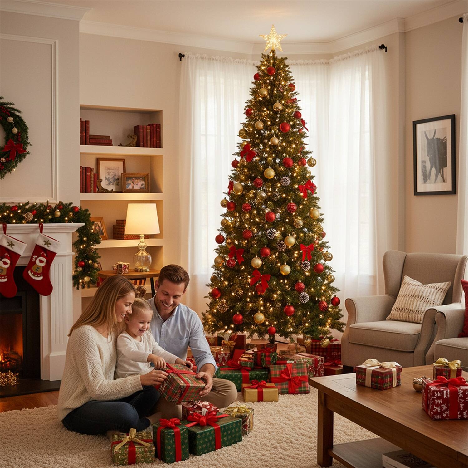 Left. Sweet - 9FT Artificial Hinged Slim Pencil Christmas Tree with Warm White Lights, Full Branch Tips - Green.