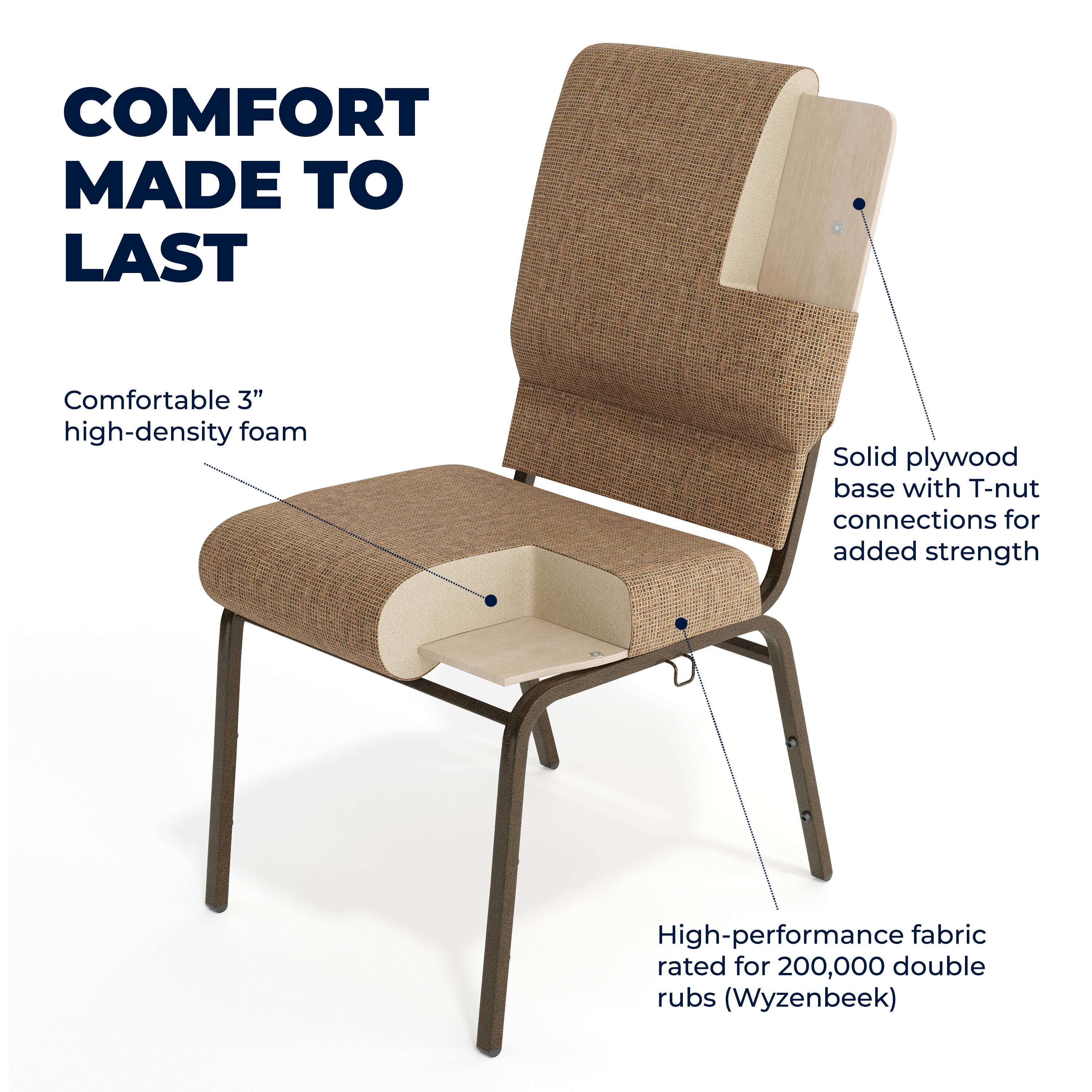 COMFORT MADE TO LAST

Comfortable 3" high-density foam

Solid plywood base with T-nut connections for added strength

High-performance fabric rated for 200,000 double rubs (Wyzenbeek)
