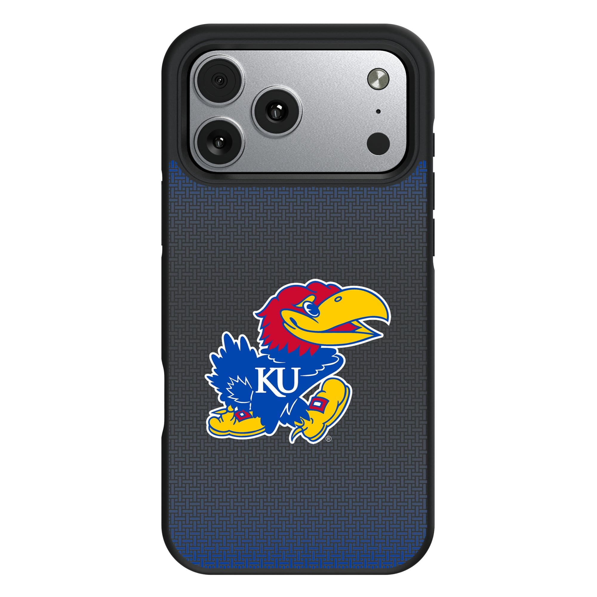 Front. Keyscaper - Kansas Jayhawks Linen Logo iPhone Bump Case - 16 Pro Max - Black.
