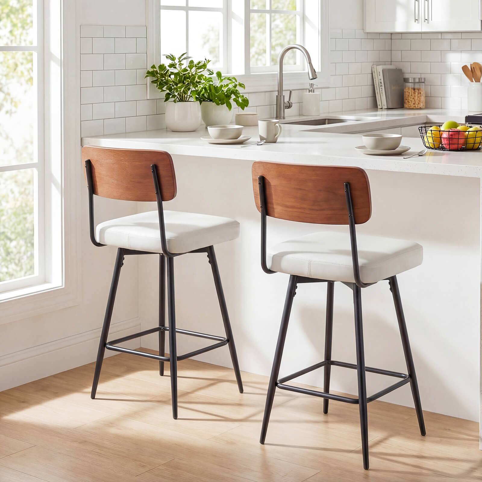 Alt View 3. Costway - Costway 27" Padded Counter Barstools Set of 2 with Wooden Backrest & Metal Legs, Footrest - White.