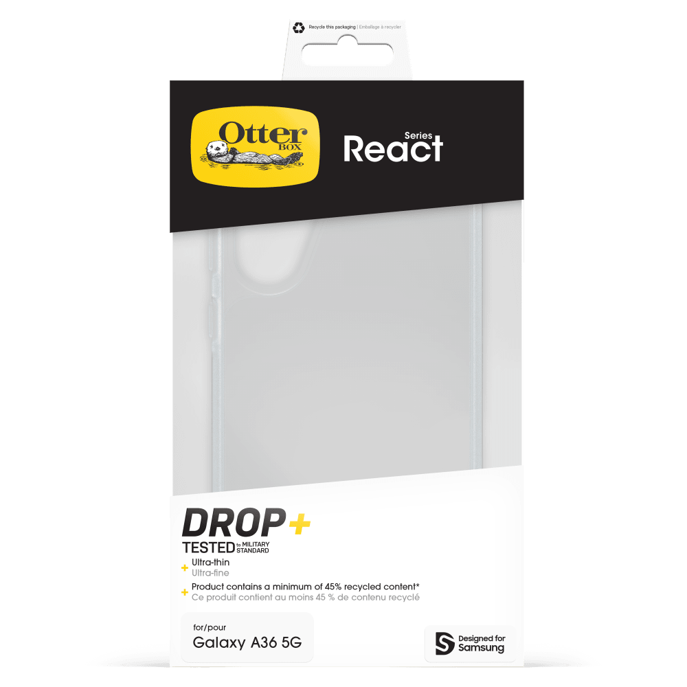 Recycle the packaging  
Emballage : recycler

Otter Series BOX React

DROP+ to MILITARY TESTED STANDARD  
Ultra-thin + Ultra-fine  
Product contains a minimum of 45% recycled content*  
Ce produit contient au moins 45% de contenu recyclé

for/pour Galaxy A36 5G  
Designed for Samsung