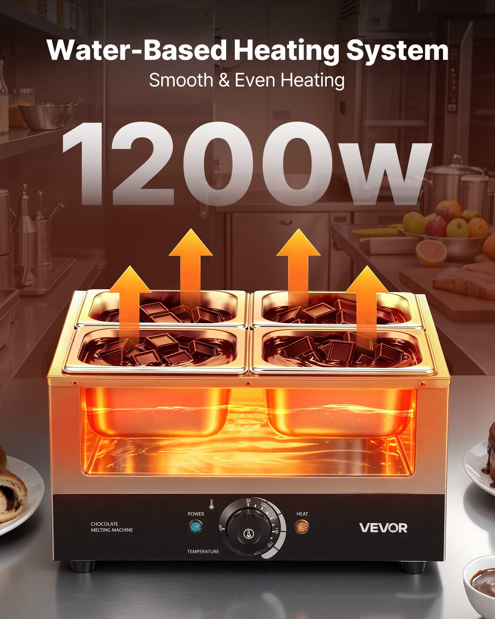 Water-Based Heating System  
Smooth & Even Heating  
1200w  

CHOCOLATE MELTING MACHINE  
POWER  
HEAT  
VEVOR  
TEMPERATURE
