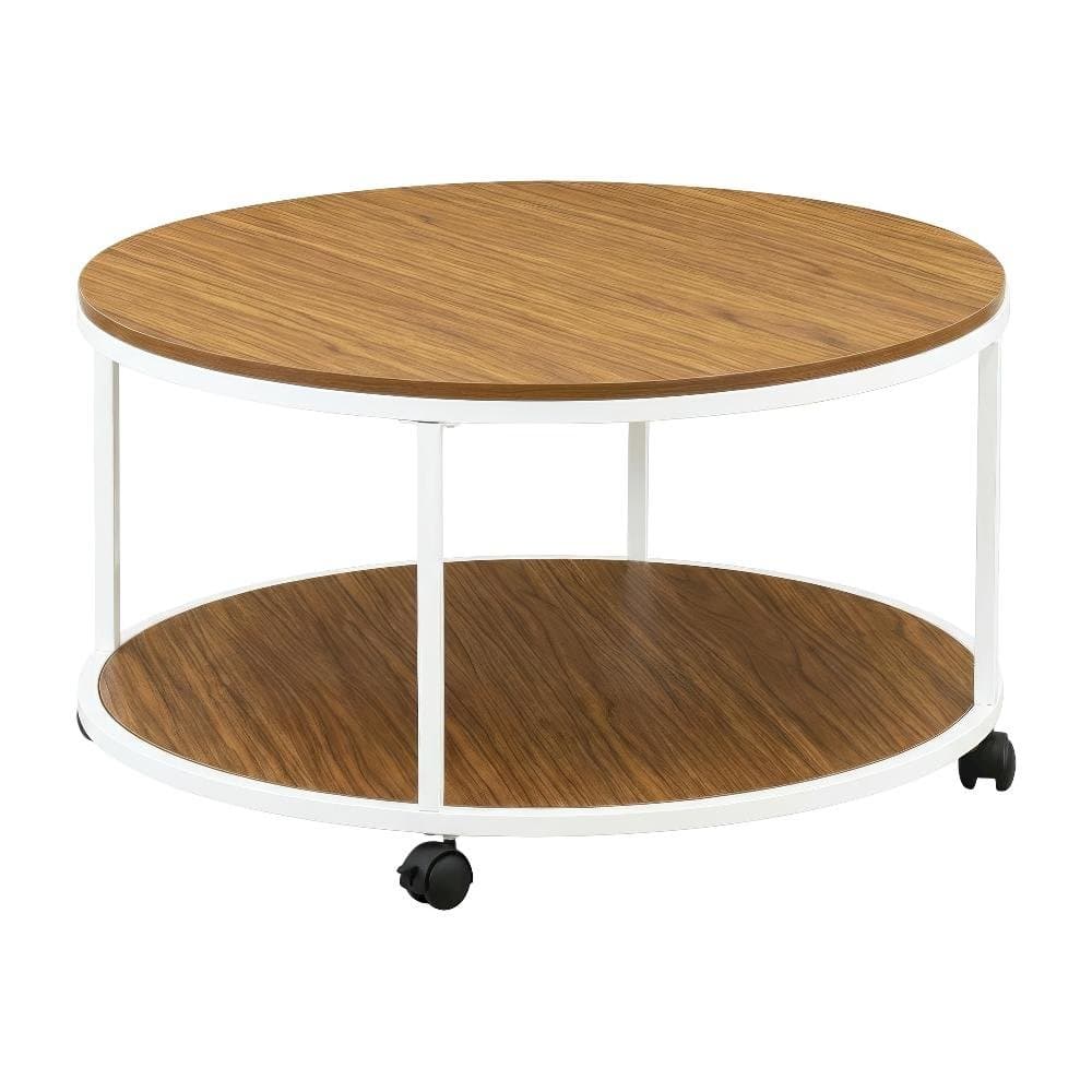 FurniFact - Round Coffee Table with Solid Wood Frame and Brown Laminate Top - White