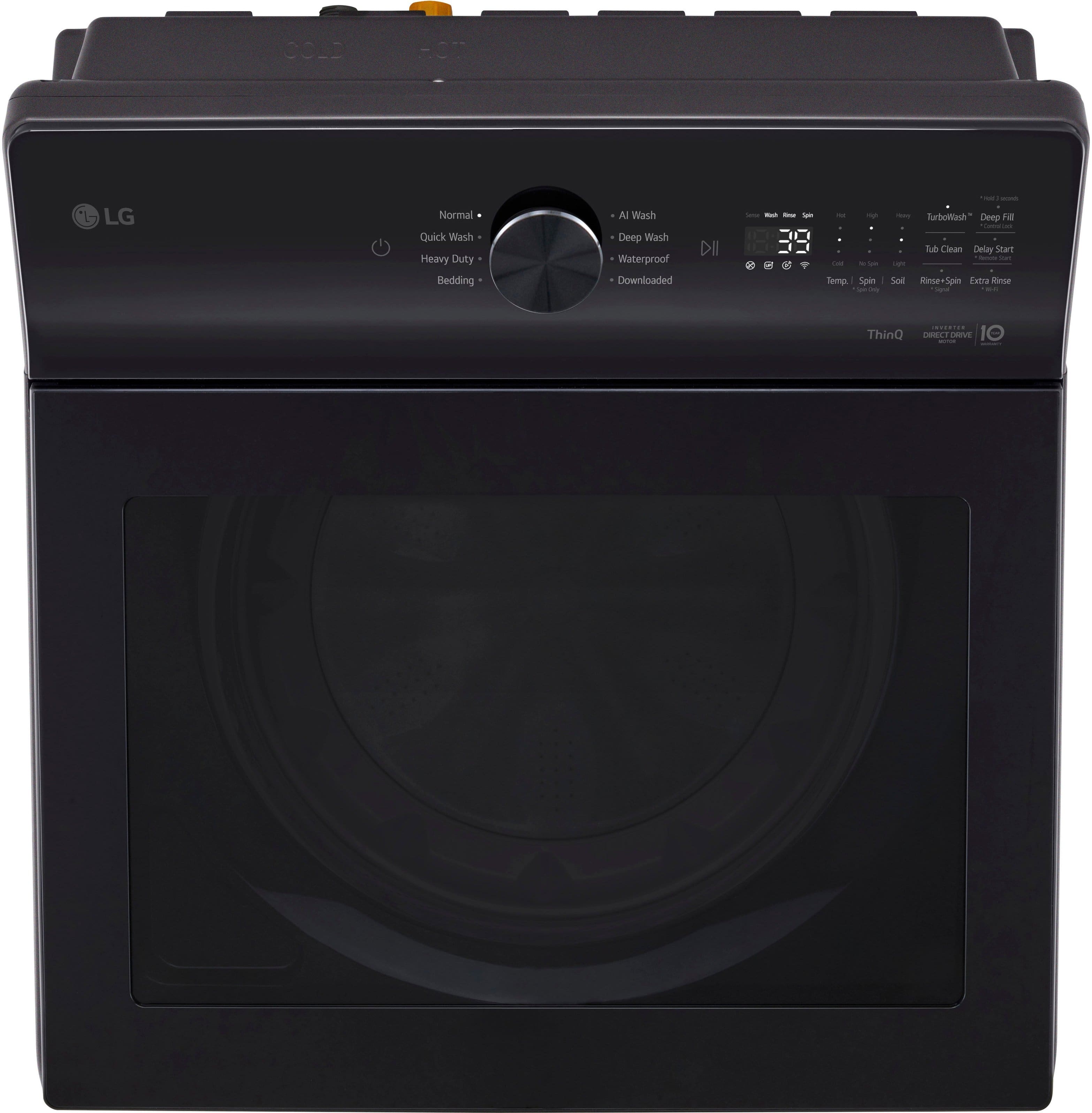 The image features a black LG washing machine with a glass door. The machine has a digital display and a control knob, and it is designed for various types of washing, including normal, quick, and heavy-duty washing. The machine can handle bedding, delicate items, and waterproof materials, and it has a deep clean feature. The washer is also equipped with a delay start option and can be set to spin at different speeds. The machine is capable of handling a variety of temperatures and spin settings, making it suitable for different types of laundry needs.