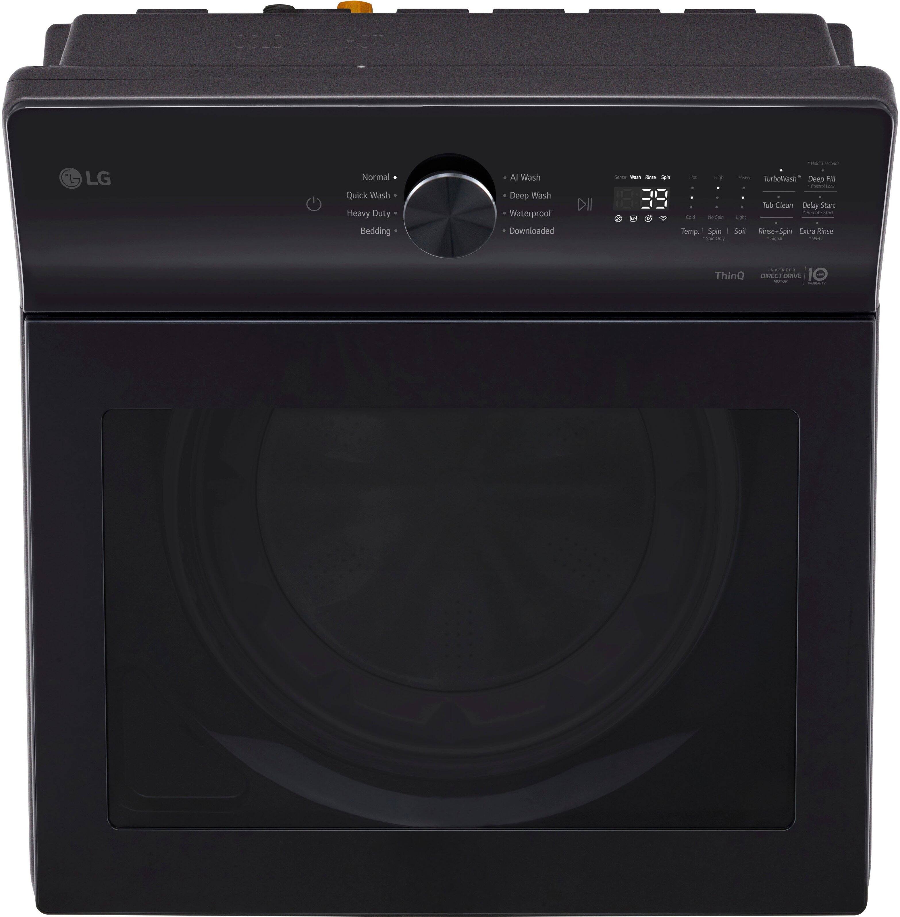 The image features a black LG washing machine with a glass door. The machine has a digital display and a control knob, and it is designed for various types of washing, including normal, quick, and heavy-duty washing. The machine can handle bedding, delicate items, and waterproof materials, and it has a deep clean feature. The washer is also equipped with a delay start option and can be set to spin at different speeds. The machine is capable of handling a variety of temperatures and spin settings, making it suitable for different types of laundry needs.