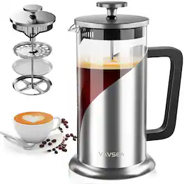 VAVSEA - Double Wall French Press Coffee Maker, 35oz Coffee Press with Thicken Borosilicate Glass & 304 Stainless Steel fo - Silver Stainless Steel
