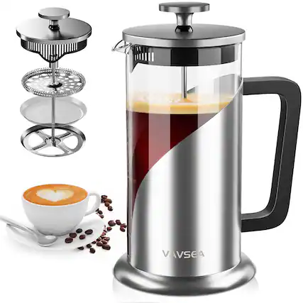 Front. VAVSEA - VAVSEA Double Wall French Press Coffee Maker, 35oz Coffee Press with Thicken Borosilicate Glass & 304 Stainless Steel fo - Silver stainless steel.