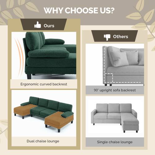**WHY CHOOSE US?**

- **Ours**
  - Ergonomic curved backrest
  - Dual chaise lounge

- **Others**
  - 90° upright sofa backrest
  - Single chaise lounge