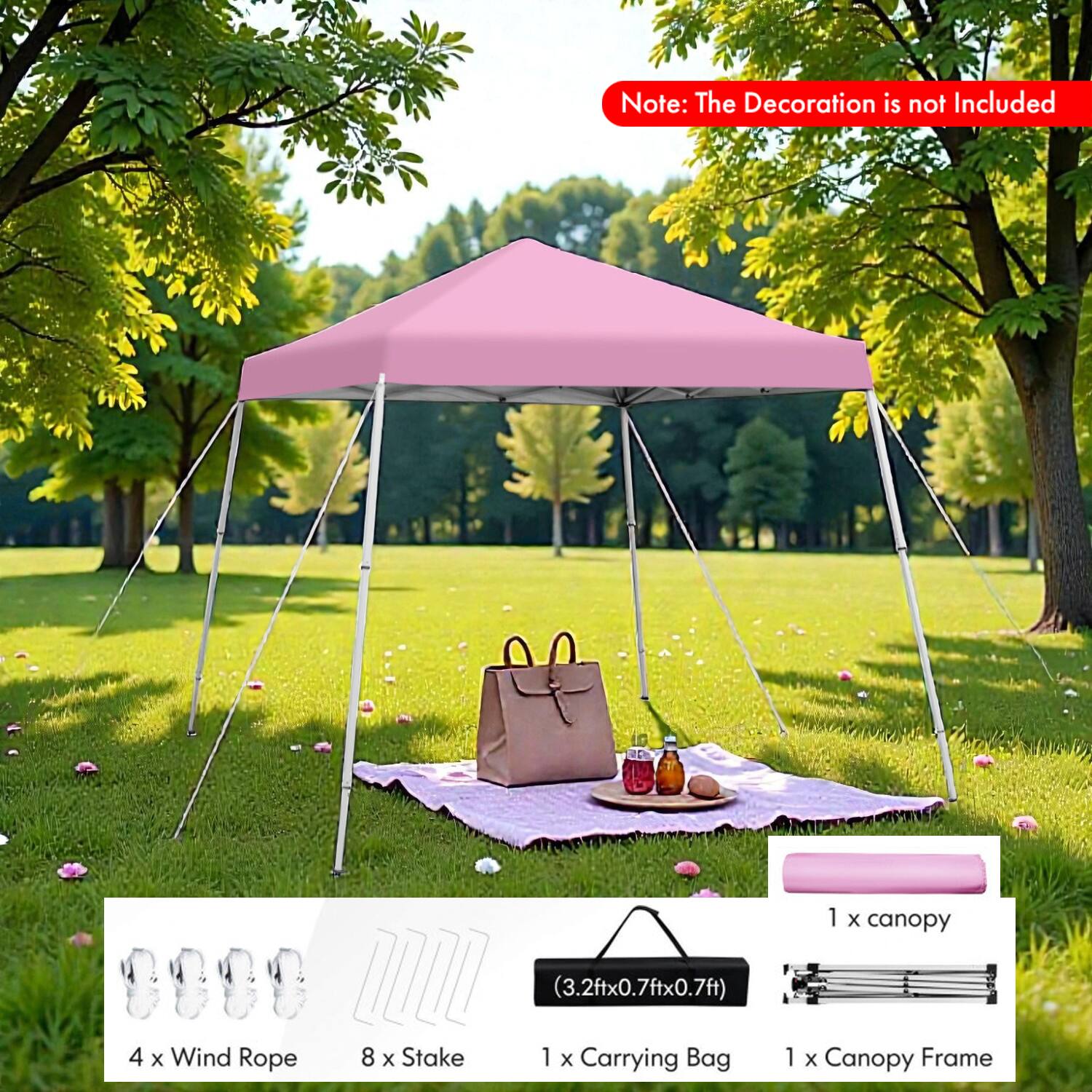 Note: The Decoration is not Included

1 x canopy (3.2ft x 0.7ft x 0.7ft)  
4 x Wind Rope  
8 x Stake  
1 x Carrying Bag  
1 x Canopy Frame