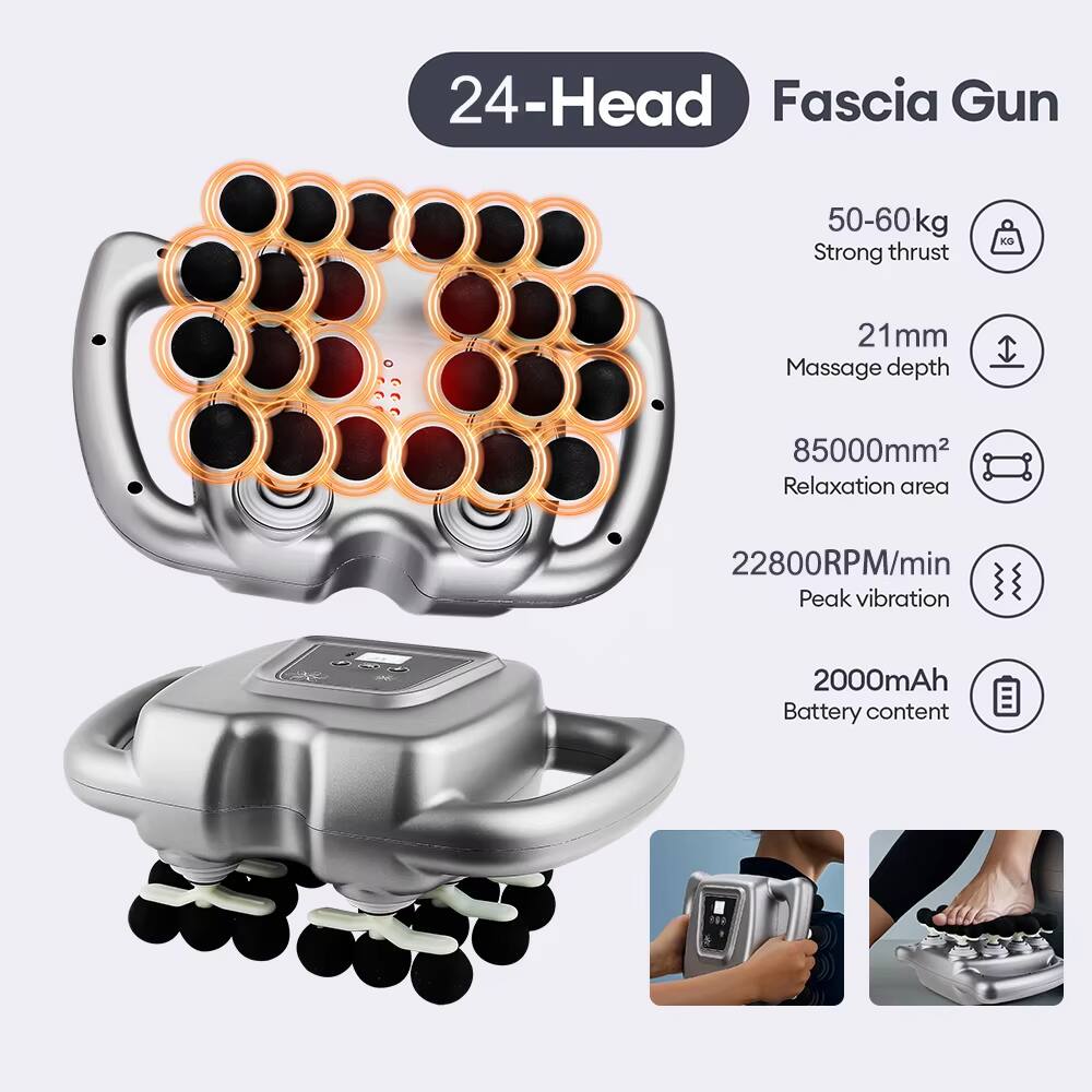 24-Head Fascia Gun  
50-60 kg Strong thrust  
21 mm Massage depth  
85000mm² Relaxation area  
22800RPM/min Peak vibration  
2000mAh Battery content