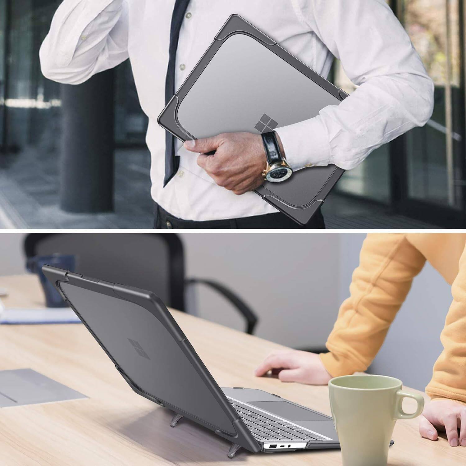 Alt View 4. Fintie - Heavy Duty Case for 12.4 Inch Microsoft Surface Laptop Go 3/2/1 (Model 2013/1943) Fold Kickstand Hard Shell Cover - Gray.